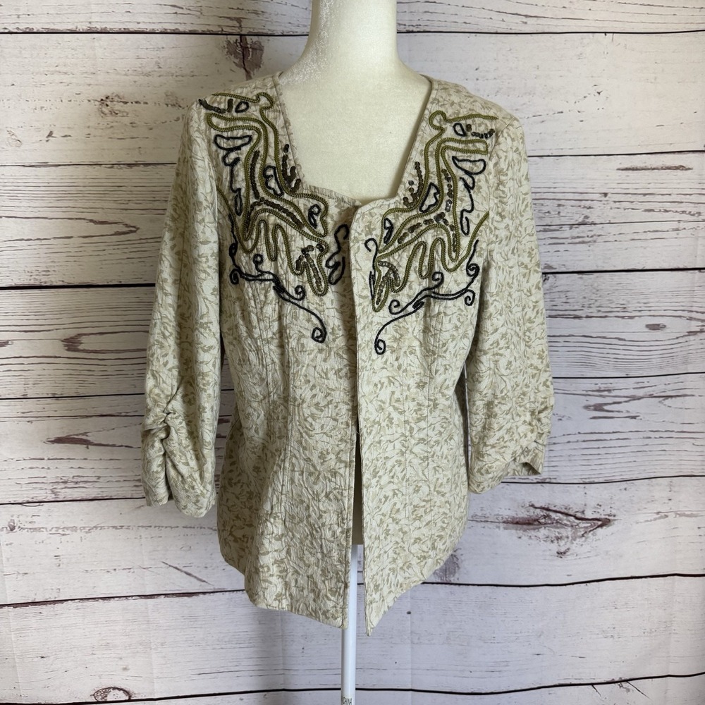 Coldwater Creek Jacket Womens Size 12 Tan Multi Leaf Embellished Ruched Sleeves